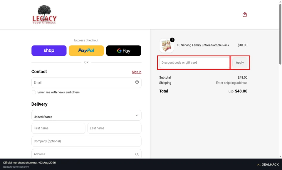 Legacy Food Storage checkout page showing the Discount code or gift card field and Apply button