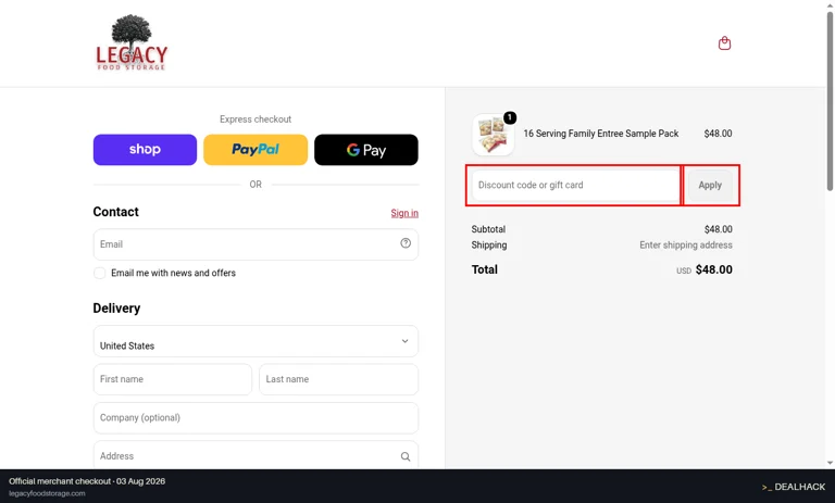 Legacy Food Storage checkout page showing the Discount code or gift card field and Apply button