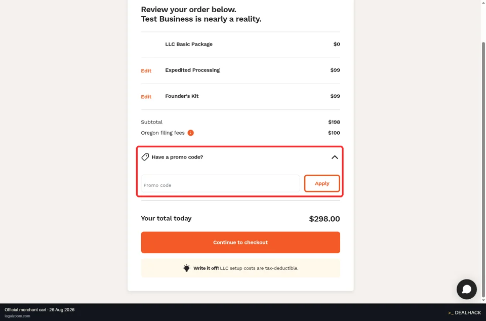 LegalZoom checkout page showing the Promo code field and Apply button