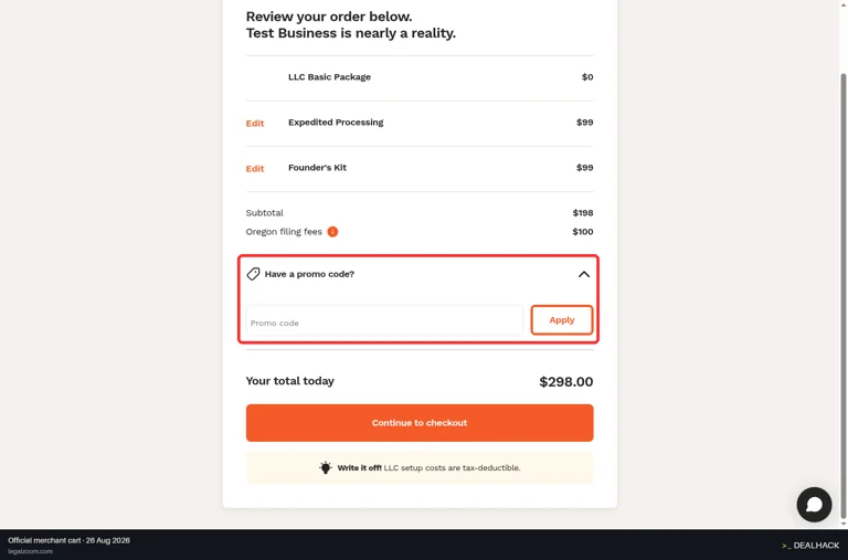 LegalZoom checkout page showing the Promo code field and Apply button