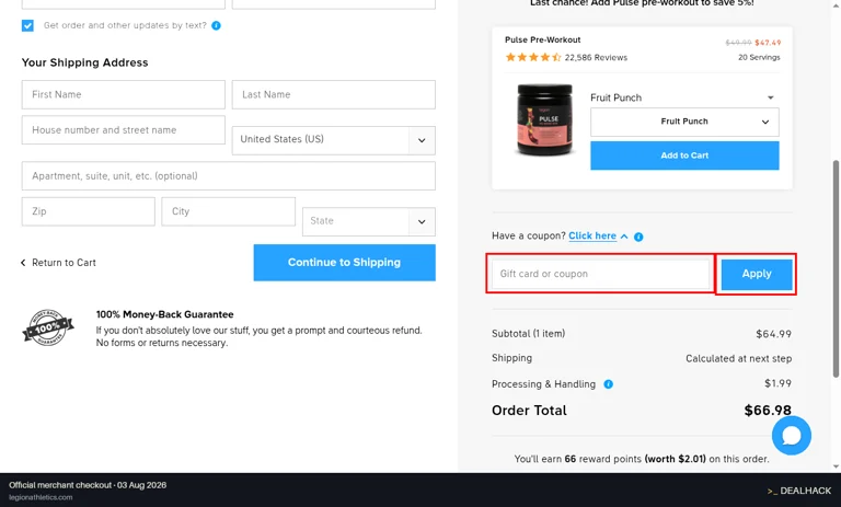 Legion Athletics checkout page showing the Gift card or coupon field and Apply button