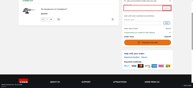LEGO checkout page showing the Enter code field and Apply button