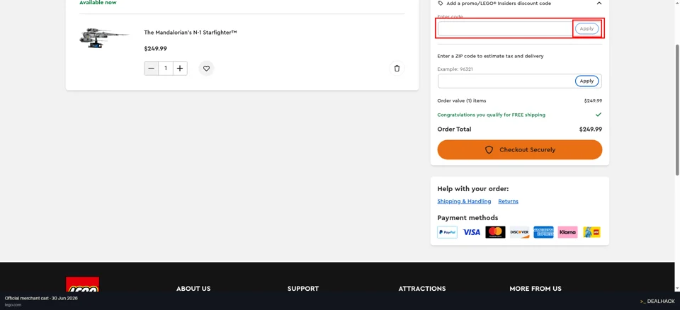 LEGO checkout page showing the Enter code field and Apply button
