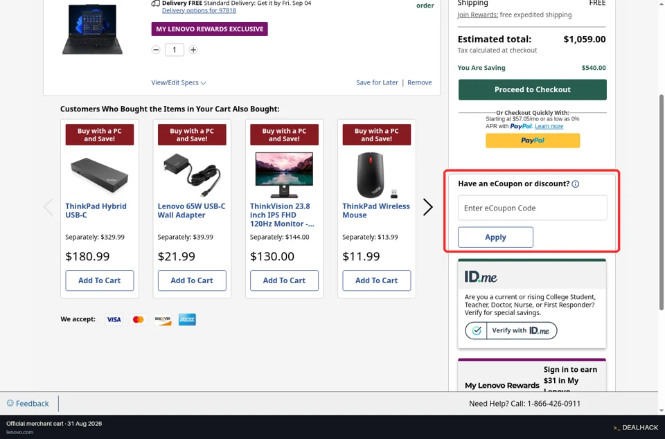 Lenovo checkout page showing the Enter eCoupon Code field and Apply button