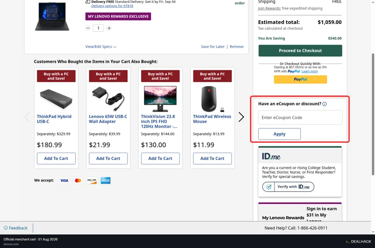 Lenovo checkout page showing the Enter eCoupon Code field and Apply button