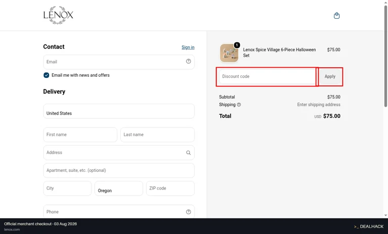 Lenox checkout page showing the Discount code field and Apply button