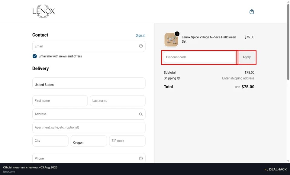 Lenox checkout page showing the Discount code field and Apply button
