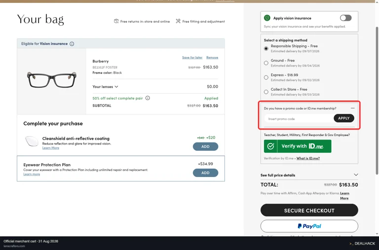 LensCrafters checkout page showing the Insert promo code field and Apply button