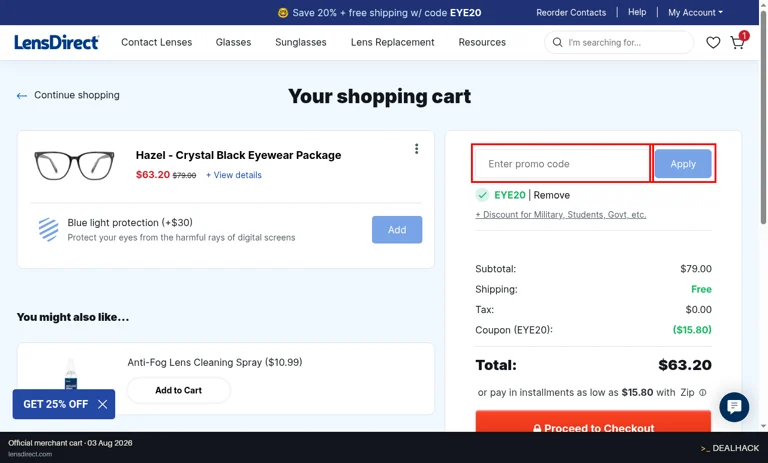 LensDirect checkout page showing the Enter promo code field and Apply button