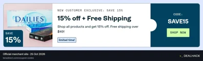 Screenshot of LensDirect's website on Oct 25, 2026 showing the "Save 15% on Your First LensDirect Order" offer