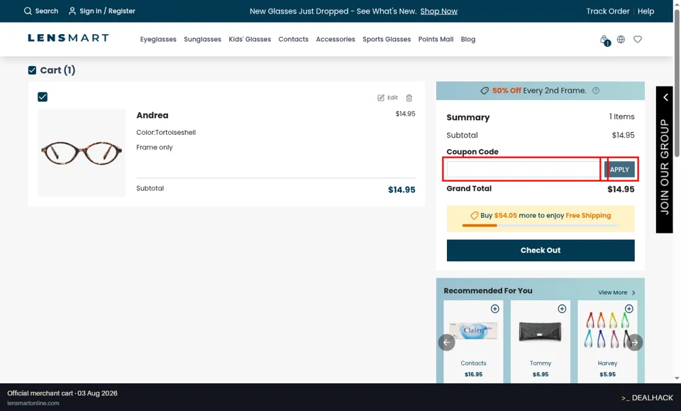 Lensmart checkout page showing the Coupon Code field and APPLY button