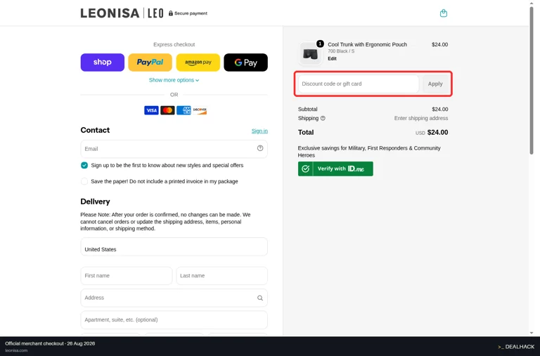 Leonisa checkout page showing the Discount code or gift card field and Apply button
