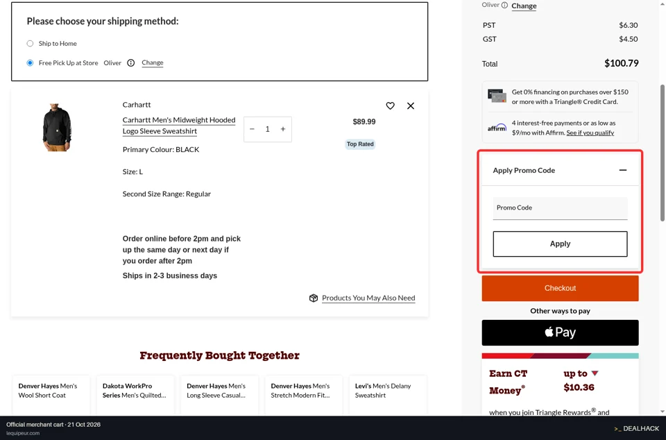 L'Equipeur checkout page showing the Promo Code field and Apply button