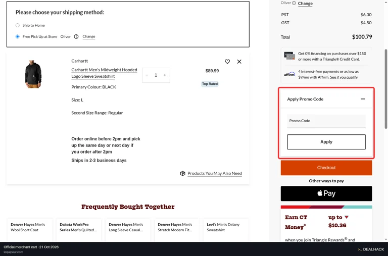 L'Equipeur checkout page showing the Promo Code field and Apply button