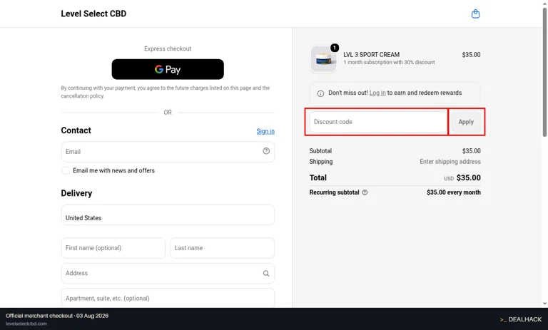 Level Select CBD checkout page showing the Discount code field and Apply button