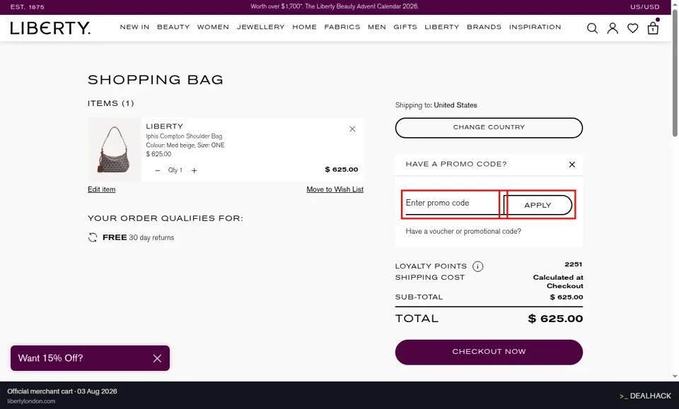 Liberty London checkout page showing the e.g CODE123 field and Apply button