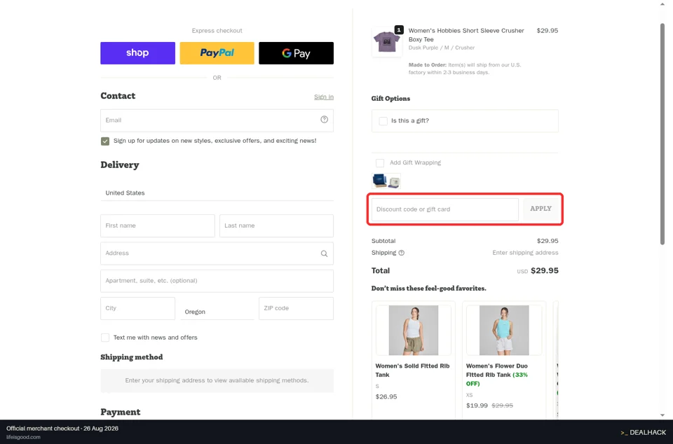 Life is Good checkout page showing the Discount code or gift card field and Apply button