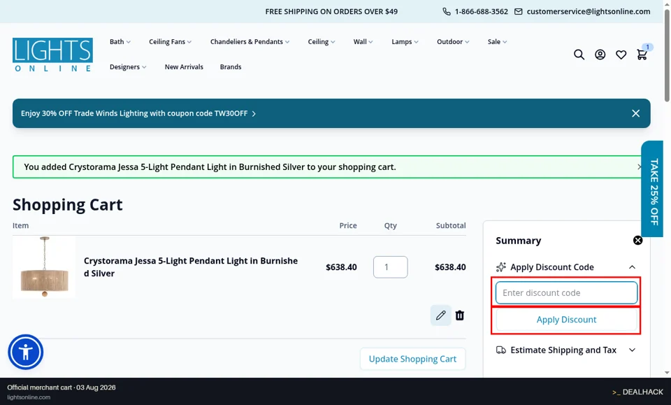 Lights Online checkout page showing the Enter discount code field and Apply Discount button