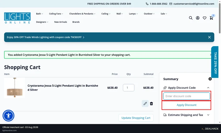 Lights Online checkout page showing the Enter discount code field and Apply Discount button