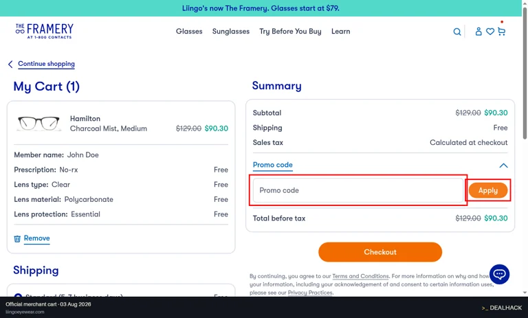 Liingo Eyewear checkout page showing the Promo code field and Apply button