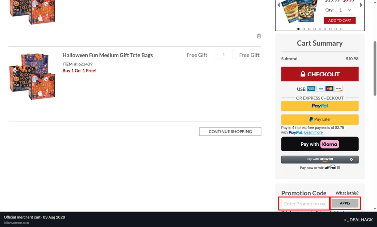 Lillian Vernon checkout page showing the Enter Promotion code field and Apply button
