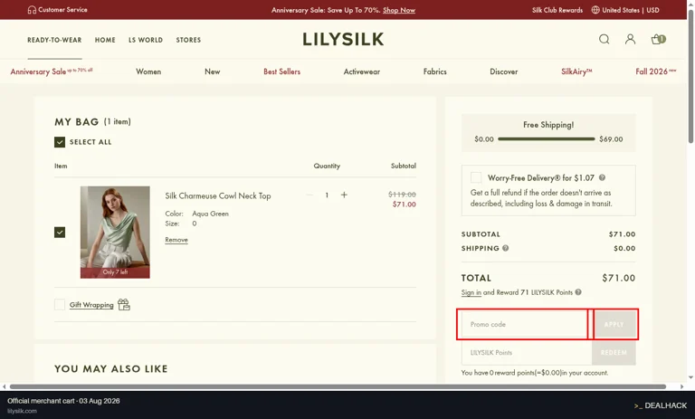 Lily Silk checkout page showing the Promo code field and APPLY button