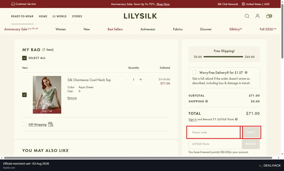 Lily Silk checkout page showing the Promo code field and APPLY button