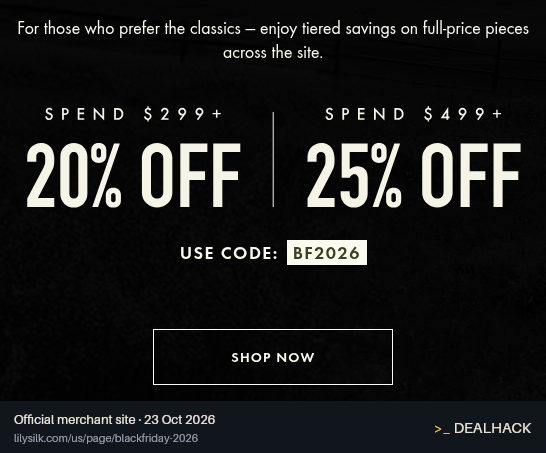 Screenshot of Lily Silk's website on Oct 23, 2026 showing the "Save on Full-Price LilySilk Items" offer