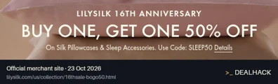 Screenshot of Lily Silk's website on Oct 23, 2026 showing the "Buy One, Get a Second 50% Off Sleep Accessories" offer