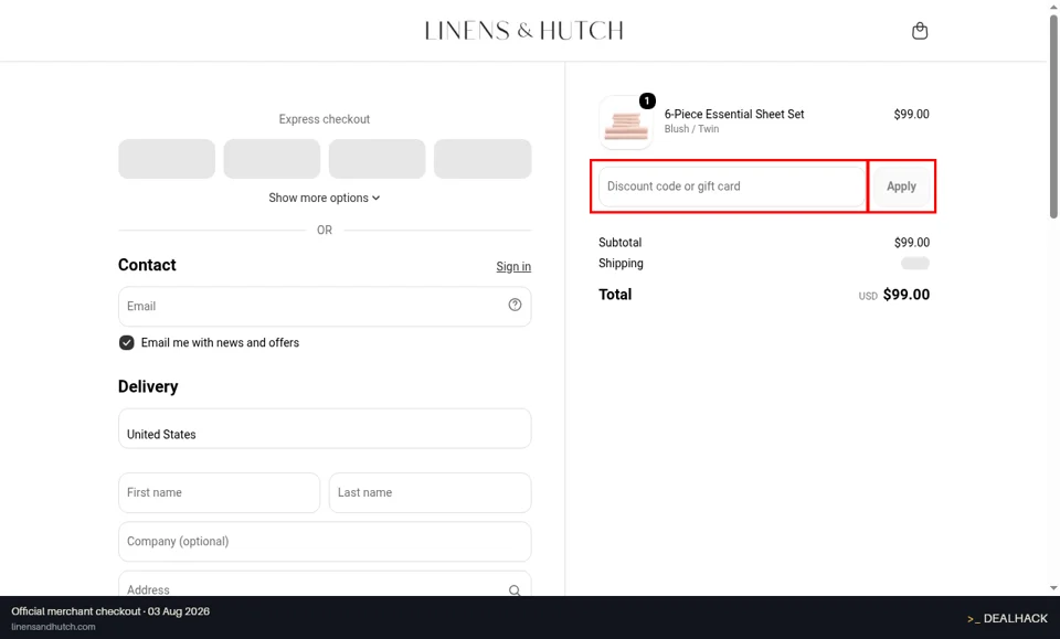 Linens and Hutch checkout page showing the Discount code or gift card field and Apply button