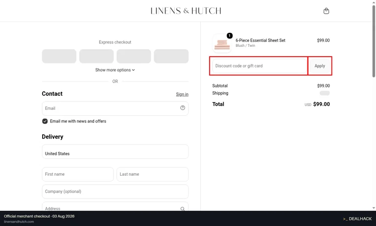 Linens and Hutch checkout page showing the Discount code or gift card field and Apply button