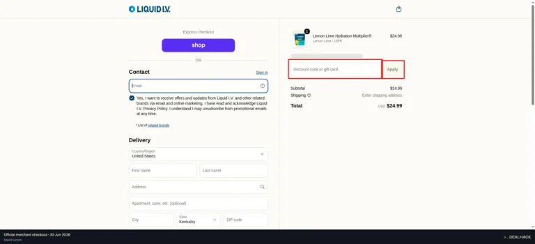 Liquid I.V. checkout page showing the Discount code or gift card field and Apply button