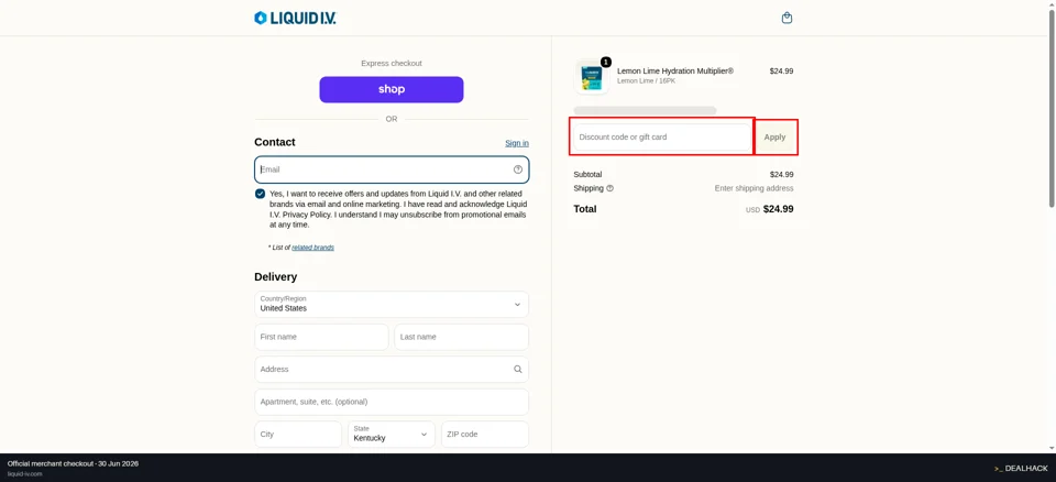 Liquid I.V. checkout page showing the Discount code or gift card field and Apply button