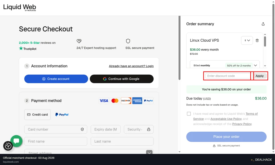 Liquid Web checkout page showing the Enter discount code field and Apply button