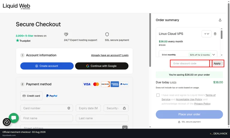 Liquid Web checkout page showing the Enter discount code field and Apply button