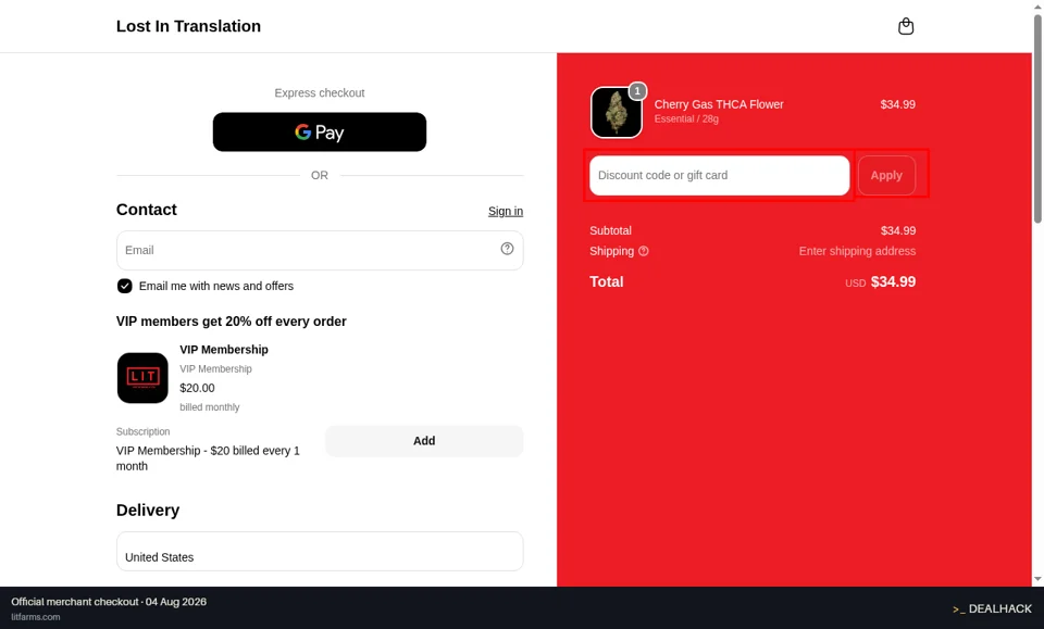LIT FARMS checkout page showing the Discount code or gift card field and Apply button