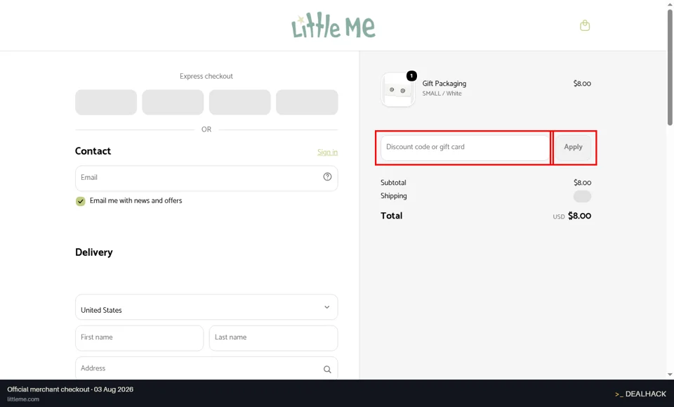 Little Me checkout page showing the Discount code or gift card field and Apply button