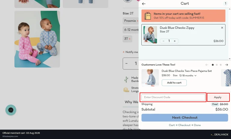 Little Sleepies checkout page showing the Enter Discount Code field and Apply button
