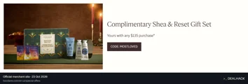 Screenshot of L'Occitane's website on Oct 23, 2026 showing the "Get a Free Shea & Reset Gift Set on $135+ Orders" offer