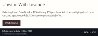Screenshot of L'Occitane's website on Oct 23, 2026 showing the "Get the Relaxing Hand Care Duo for $25" offer