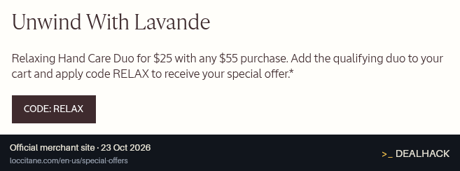 Screenshot of L'Occitane's website on Oct 23, 2026 showing the "Get the Relaxing Hand Care Duo for $25" offer