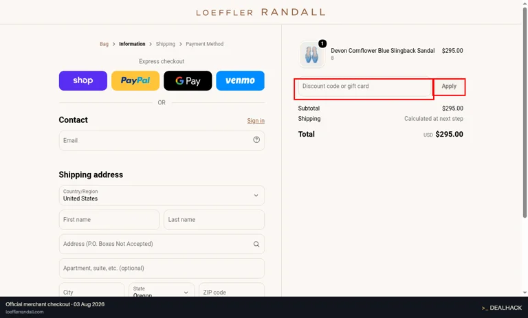 Loeffler Randall checkout page showing the Discount code or gift card field and Apply button