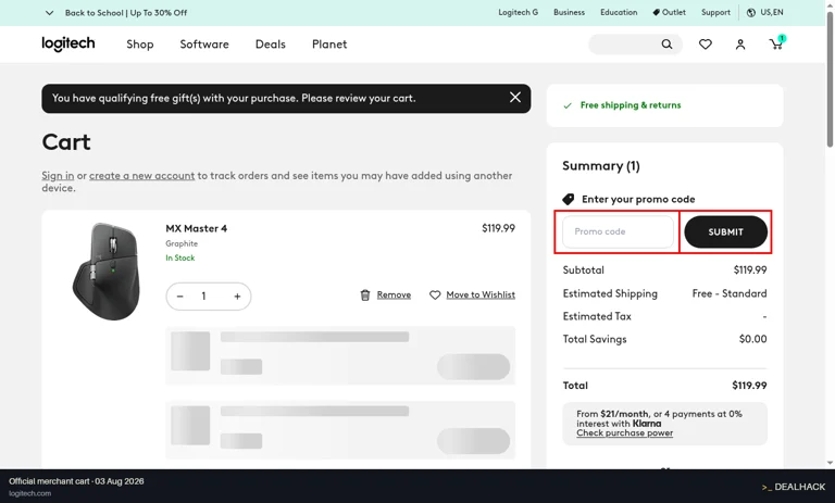 Logitech checkout page showing the Promo code field and Submit button