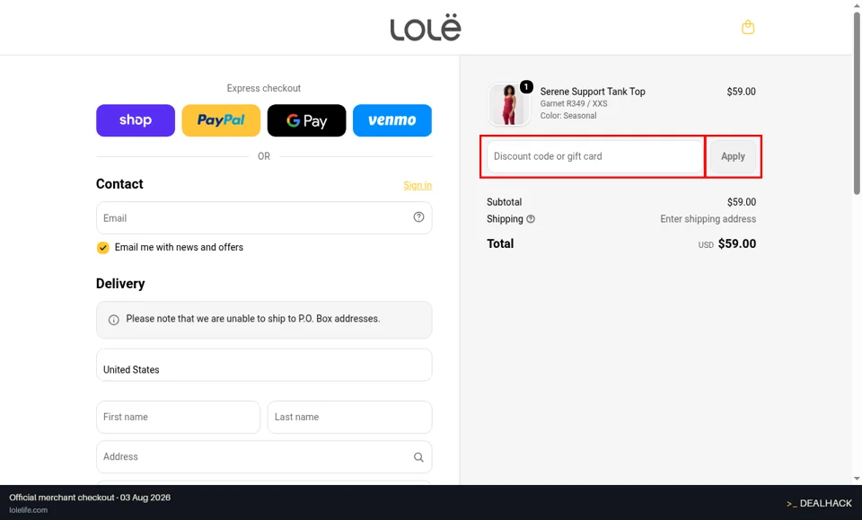 Lolë checkout page showing the Discount code or gift card field and Apply button