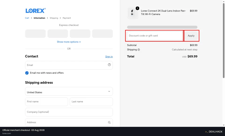 Lorex Technology checkout page showing the Discount code or gift card field and Apply button
