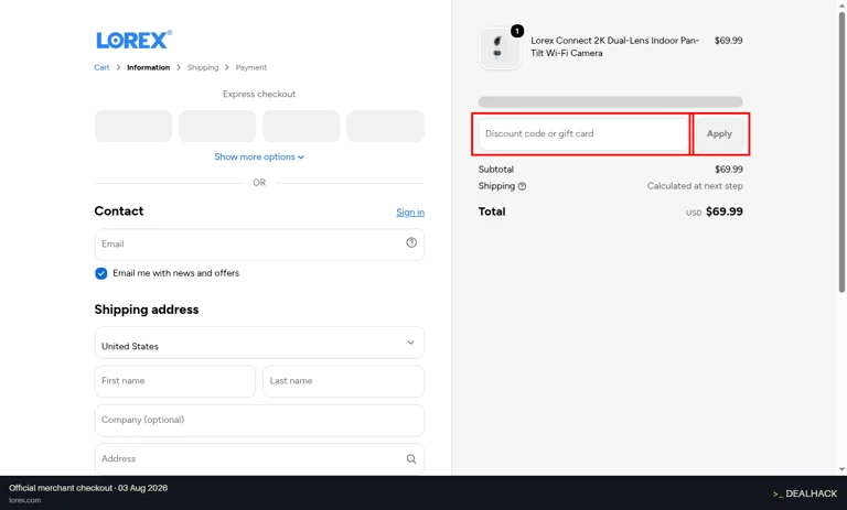 Lorex Technology checkout page showing the Discount code or gift card field and Apply button