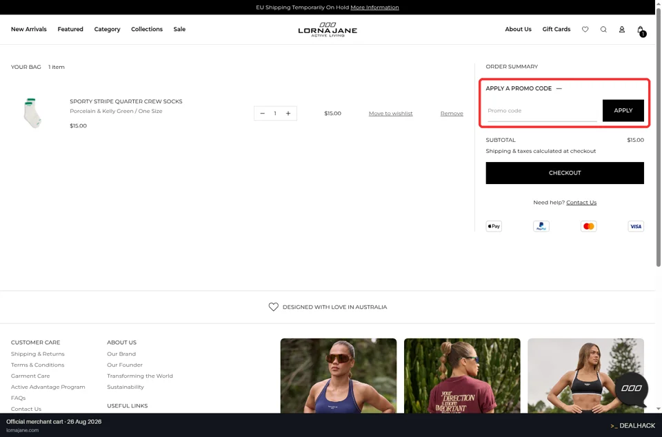 Lorna Jane checkout page showing the Promo code field and APPLY button