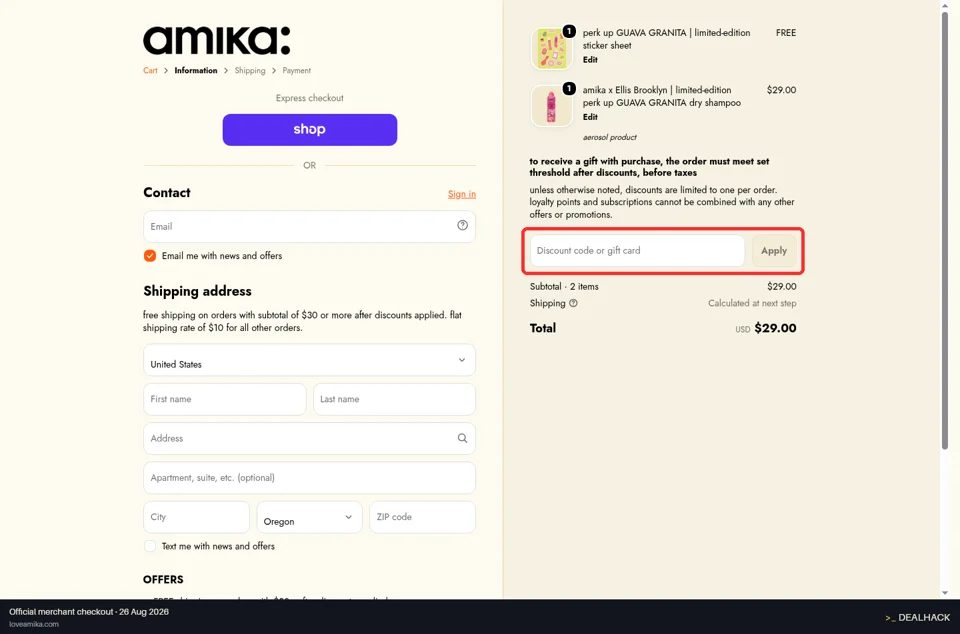 Amika checkout page showing the Discount code or gift card field and Apply button