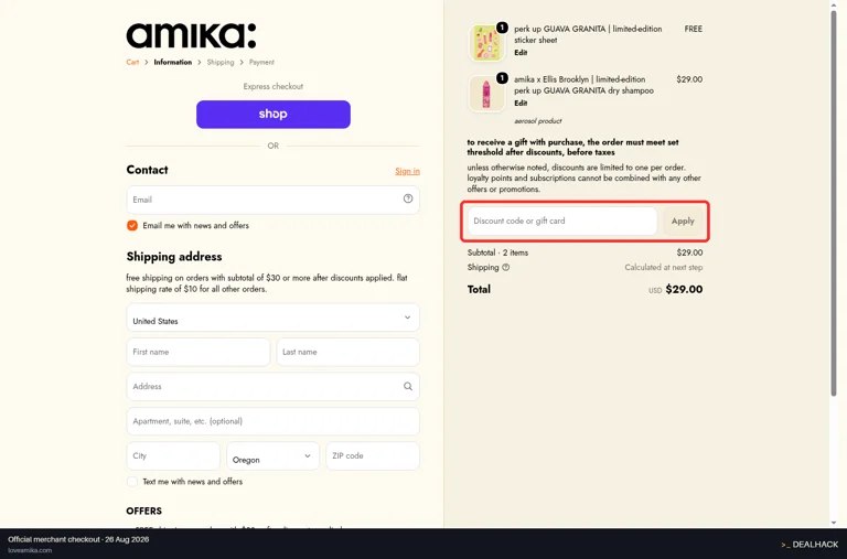 Amika checkout page showing the Discount code or gift card field and Apply button