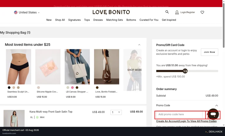 Love, Bonito checkout page showing the Add promo code here field and Apply button